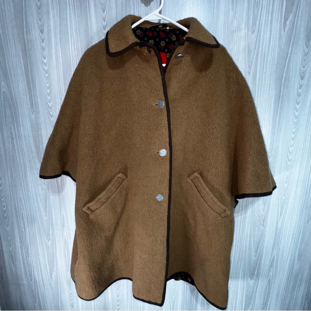 Vintage Loden King Alpine Coat Cape Brown Wool Weatherproof  W. Germany Sz 40‎